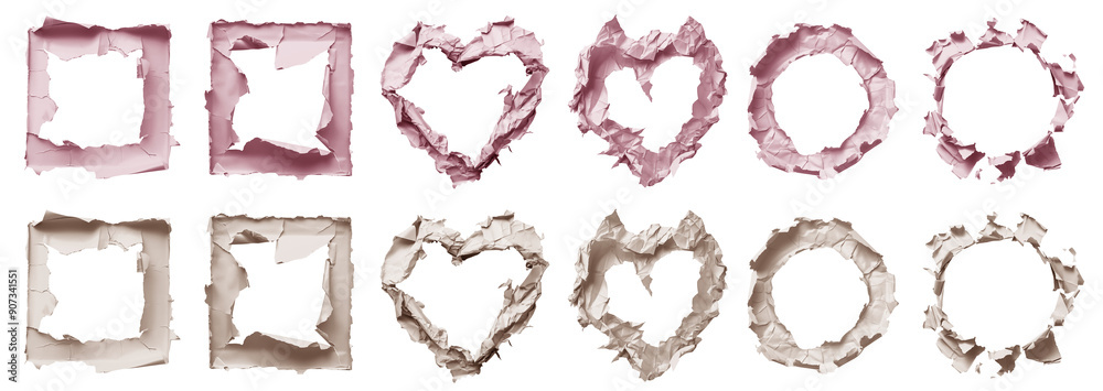 Set of pastel light pink beige cream crumple crush scrunched paper heart love, circle round, square with rip hole tear torn in middle on transparent cutout PNG. Many different design. Mockup template Set of pastel light pink beige cream crumple crush scrunched paper heart love, circle round, square with rip hole tear torn in middle on transparent cutout PNG. Many different design. Mockup template