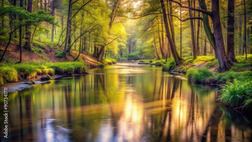 Peaceful creek winding through a forest in soft liquid hues, creek, peaceful, winding, forest, liquid, hues, soft, serene