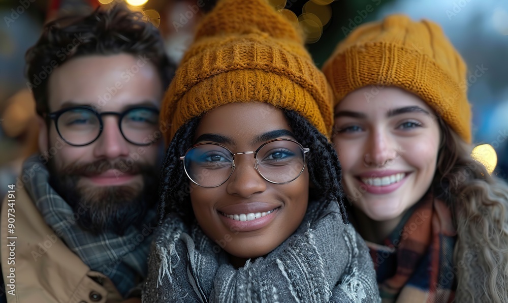 A happy group of friends is exploring a Christmas market and enjoying a souvenir shop, with cheerful young tourists embracing winter holidays and traditional culture outdoors.