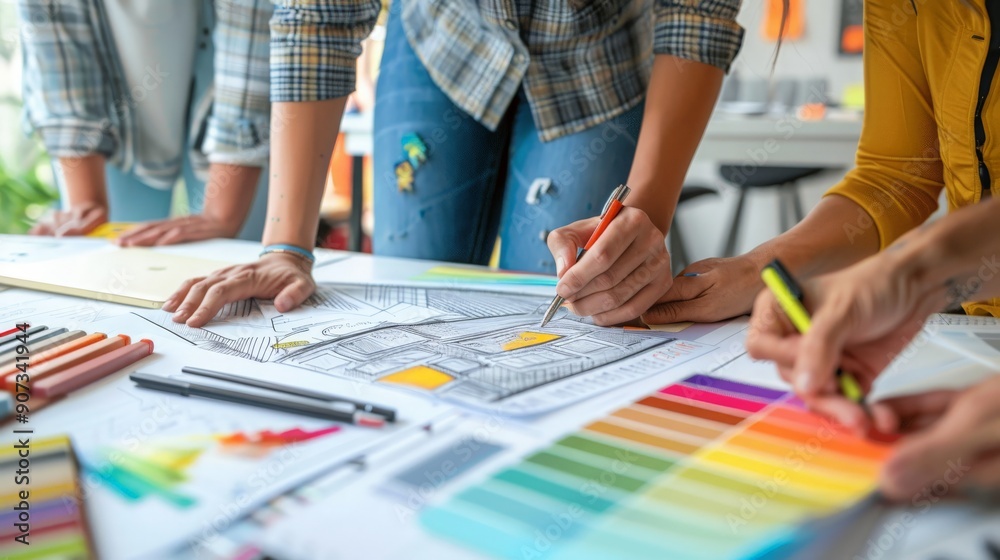 A creative team working on a design project, brainstorming with sketches and color swatches 