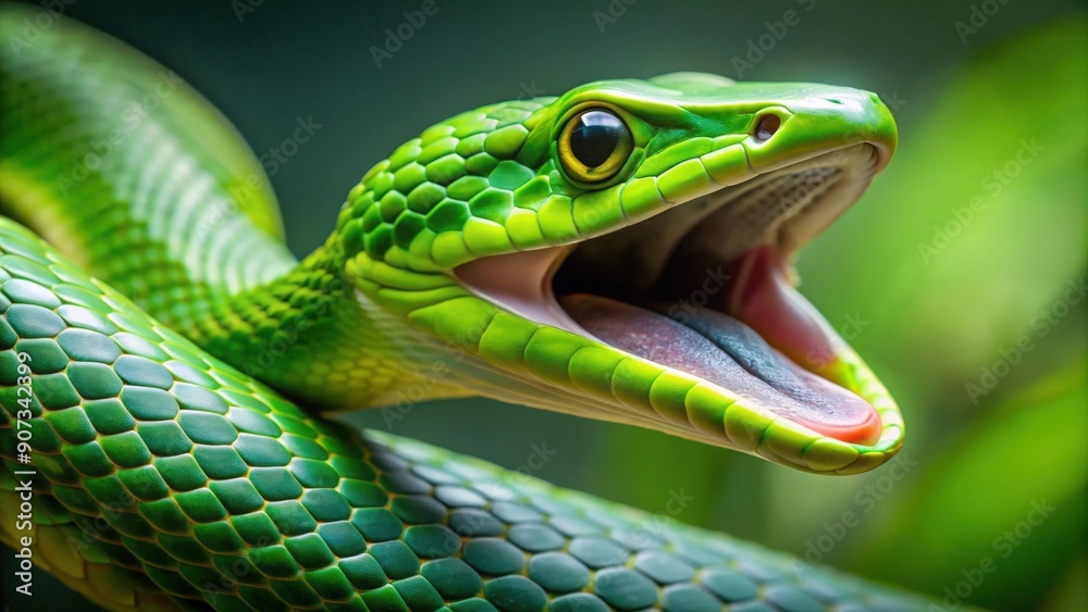 Green snake with open mouth facing front , serpent, reptile, wildlife, nature, predator, slithery, scales, fangs, danger Green snake with open mouth facing front , serpent, reptile, wildlife, nature, predator, slithery, scales, fangs, danger