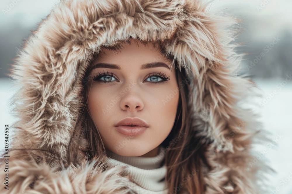 A woman is shown wearing a fur coat standing in a snowy environment, ideal for winter-related or fashion-related uses A woman is shown wearing a fur coat standing in a snowy environment, ideal for winter-related or fashion-related uses