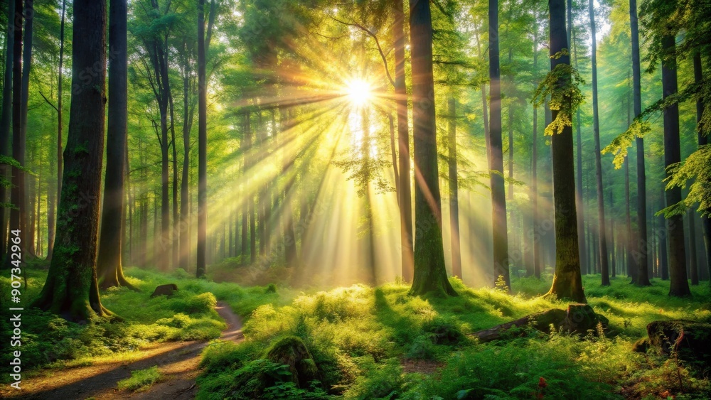 Fototapeta premium Sunlight filtering through the dense forest creating a magical and surreal atmosphere, sunlight, trees, forest, nature