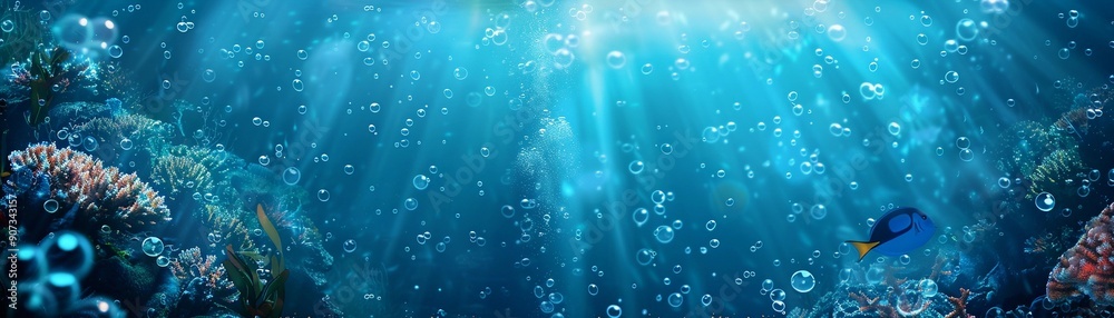 Abstract underwater scene with shades of blue, marine life such as fish coral and seaweed Abstract underwater scene with shades of blue, marine life such as fish coral and seaweed