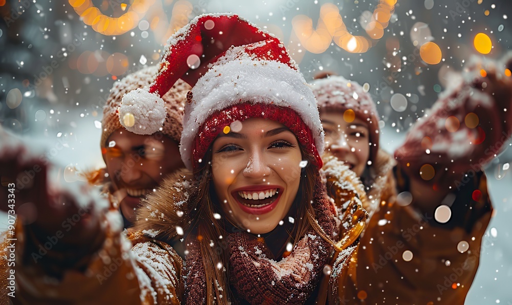A joyful group of friends, wearing Santa Claus hats, is celebrating Christmas night together, with young people having fun and enjoying the winter holiday during New Year's Eve. A joyful group of friends, wearing Santa Claus hats, is celebrating Christmas night together, with young people having fun and enjoying the winter holiday during New Year's Eve.