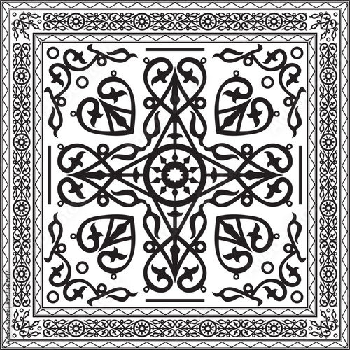 Vector monochrome black square Yakut ornament. An endless rectangular border, a frame of the northern peoples of the Far East.