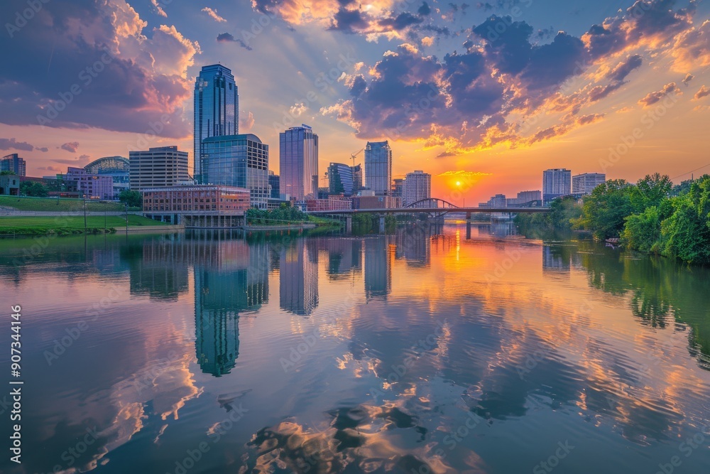 Naklejka premium Sunset over river in city, sun casting warm glow on water, buildings silhouetted against colorful sky, A serene sunset over a skyline of buildings reflecting in a calm river, AI generated
