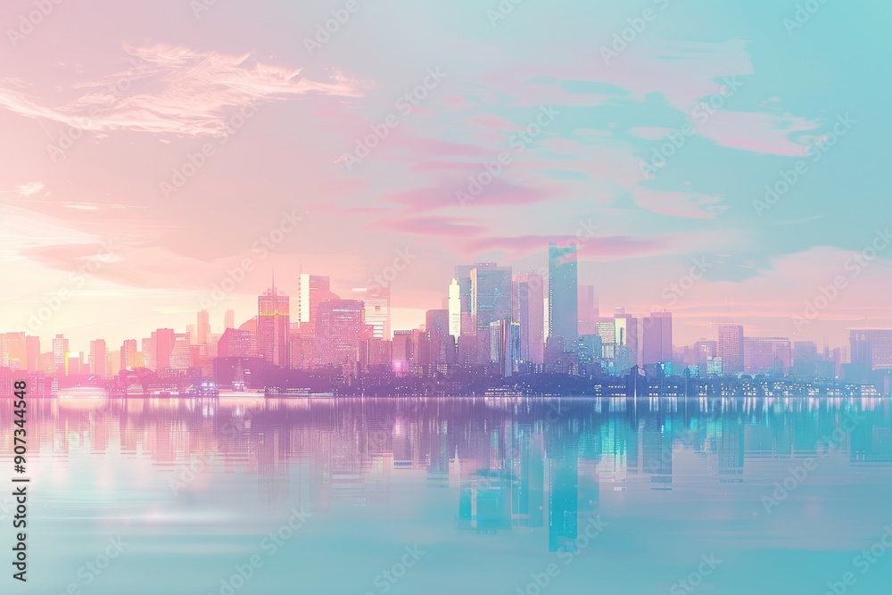 Obraz premium A pink sunset over a city on the horizon, A serene city skyline with soft pastel colors and gentle gradients, AI generated