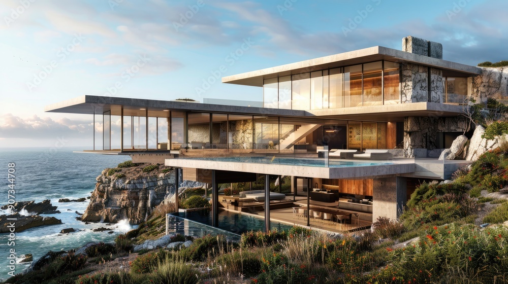 A contemporary cliffside mansion with a cantilevered design, extensive use of glass, and a large infinity pool overlooking a rugged coastline. A contemporary cliffside mansion with a cantilevered design, extensive use of glass, and a large infinity pool overlooking a rugged coastline.