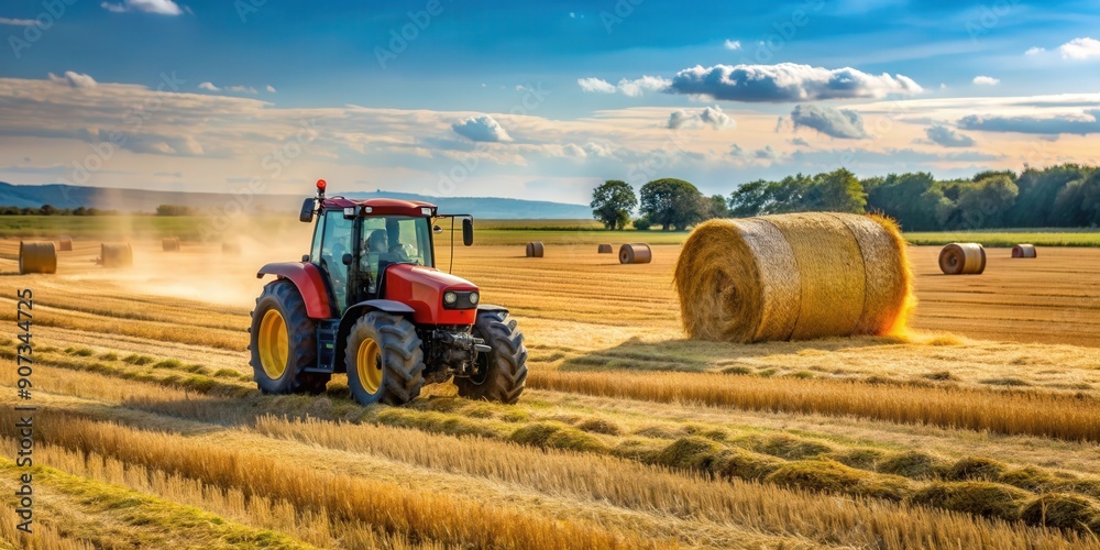 Obraz premium Tractor cleaning field with flax and making bales, tractor, field, flax, bales, agriculture, farm, farming, machinery, equipment