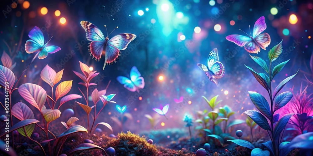 Enchanting holographic garden with glowing plants and ethereal butterflies, enchanted, holographic, garden, glowing
