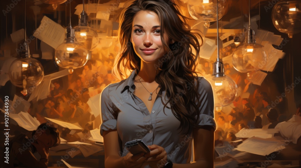 Woman Holding a Phone in a Room Filled with Papers and Lights Woman Holding a Phone in a Room Filled with Papers and Lights