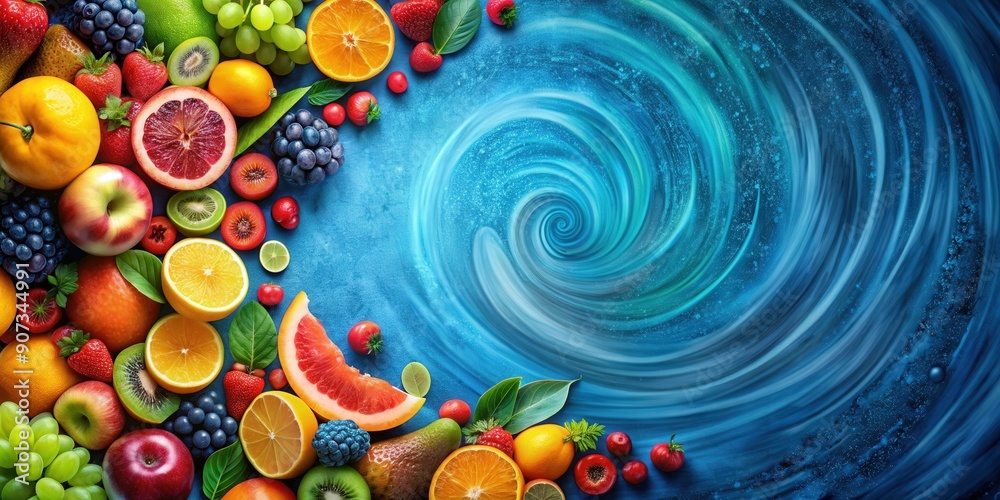 Abstract background featuring various fruits in a colorful swirl with shades of blue, abstract, fruit, background, blue Abstract background featuring various fruits in a colorful swirl with shades of blue, abstract, fruit, background, blue