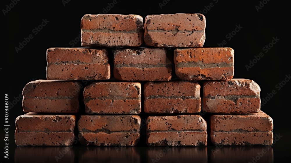A realistic rendering of a pile of bricks, with detailed textures and shadows A realistic rendering of a pile of bricks, with detailed textures and shadows