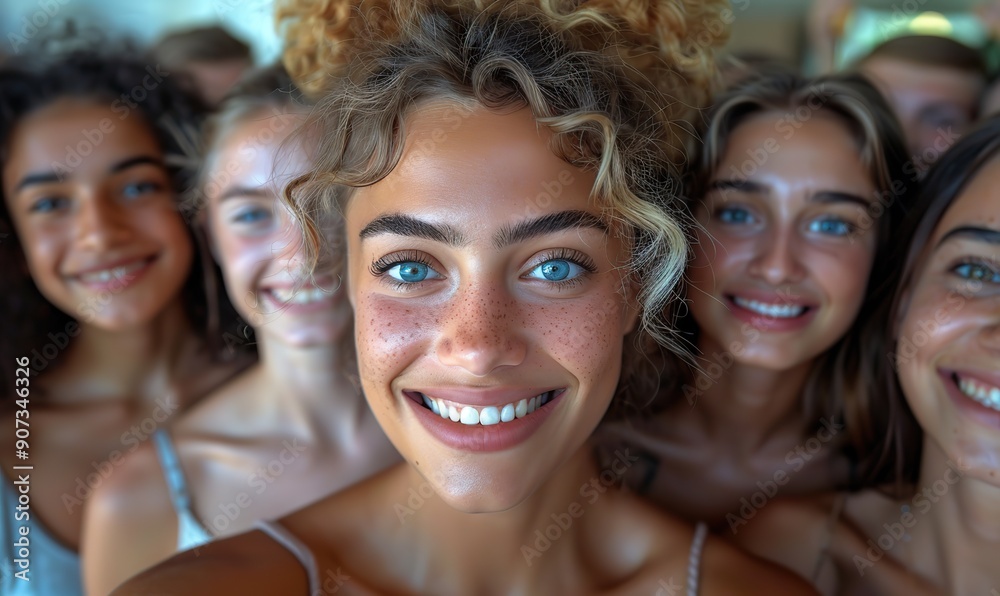 A joyful group of young people is taking a selfie indoors, with smiling individuals laughing at the camera and highlighting youth community and technology. A joyful group of young people is taking a selfie indoors, with smiling individuals laughing at the camera and highlighting youth community and technology.