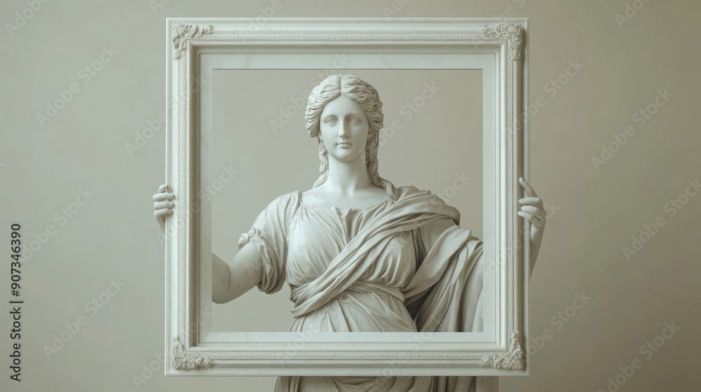 Classical Wisdom Depicted: Marble Statue of Female Philosopher with Modern Mockup Frame, Perfect for Educational Content and Art Displays, Spacious Background Classical Wisdom Depicted: Marble Statue of Female Philosopher with Modern Mockup Frame, Perfect for Educational Content and Art Displays, Spacious Background