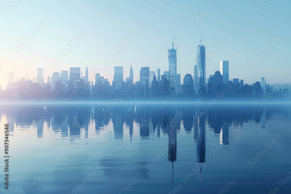 The city skyline is mirrored in the calm water below, A serene and tranquil city skyline with a feeling of peace and serenity, AI generated The city skyline is mirrored in the calm water below, A serene and tranquil city skyline with a feeling of peace and serenity, AI generated