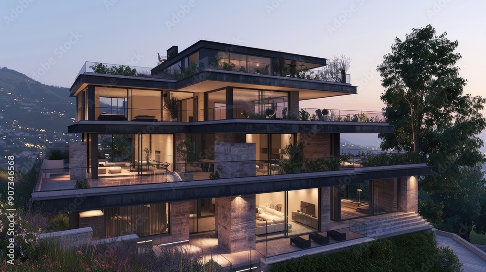 A contemporary hillside house with a tiered design, large windows, and a rooftop patio with glass railings providing stunning views of the valley below. A contemporary hillside house with a tiered design, large windows, and a rooftop patio with glass railings providing stunning views of the valley below.