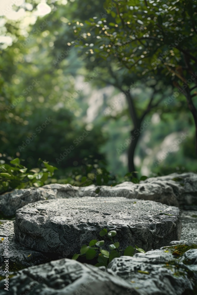 A large rock sits in the midst of a dense forest, surrounded by trees and foliage A large rock sits in the midst of a dense forest, surrounded by trees and foliage