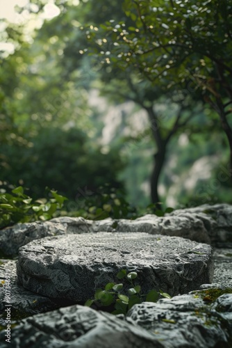 A large rock sits in the midst of a dense forest, surrounded by trees and foliage