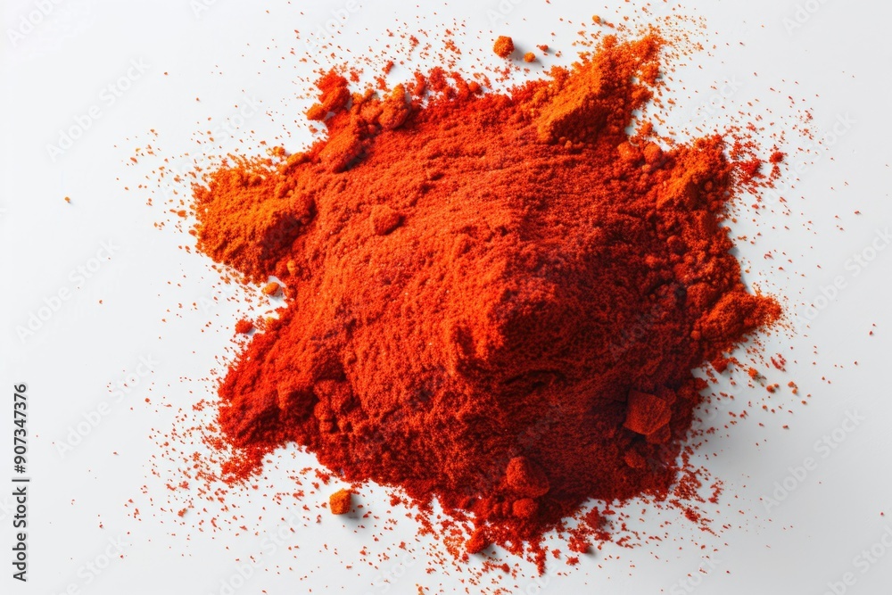 A pile of vibrant red powder sits on a clean white surface, ready for use or display A pile of vibrant red powder sits on a clean white surface, ready for use or display