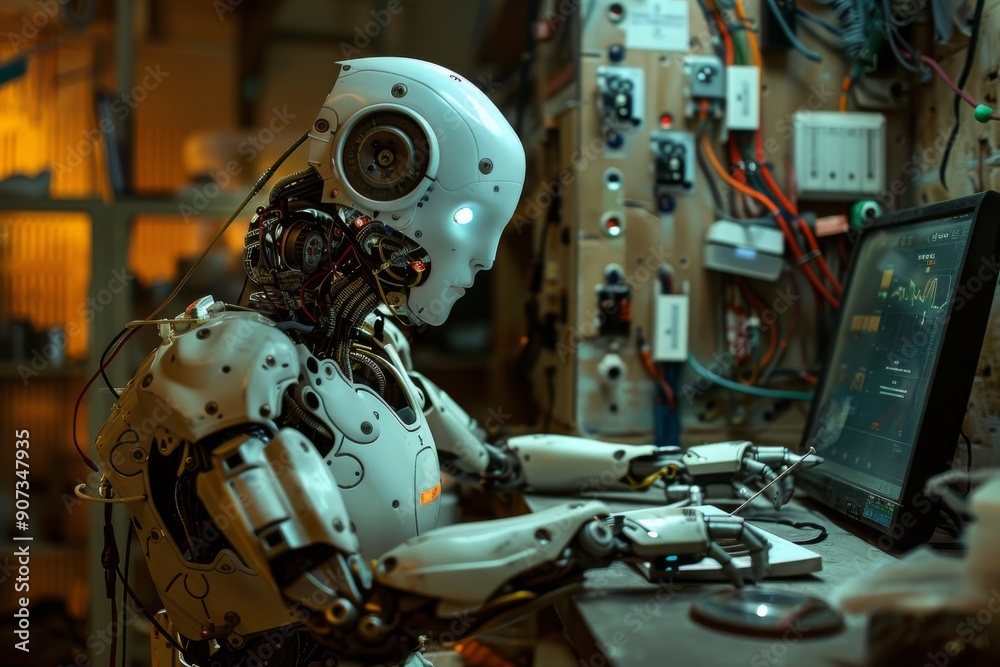 A robot working at a desk with a computer, A robot observing a human working, AI generated A robot working at a desk with a computer, A robot observing a human working, AI generated