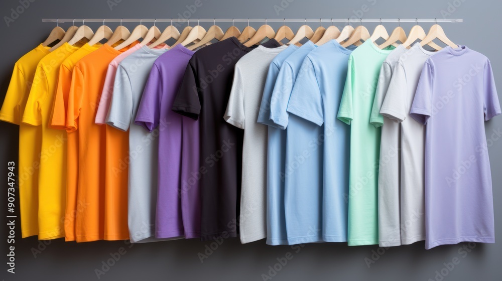 Obraz premium differently colored t-shirts suspended against a gray backdrop, 