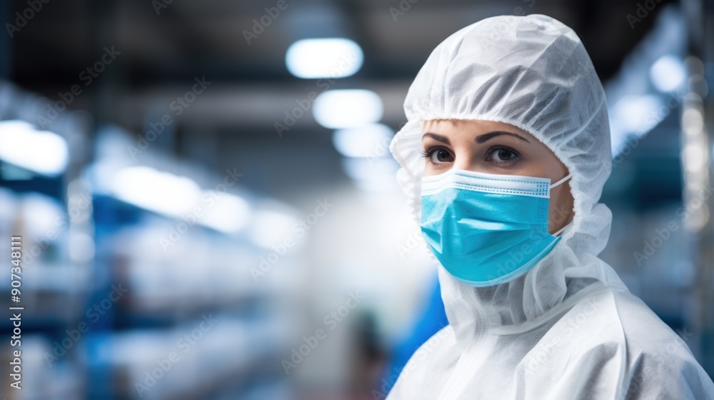 Employee, a food processing plant wears a protective uniform, hairnet, and mask while inspecting production lines Employee, a food processing plant wears a protective uniform, hairnet, and mask while inspecting production lines