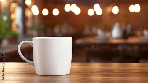 A white ceramic coffee mug sits on a wooden table 