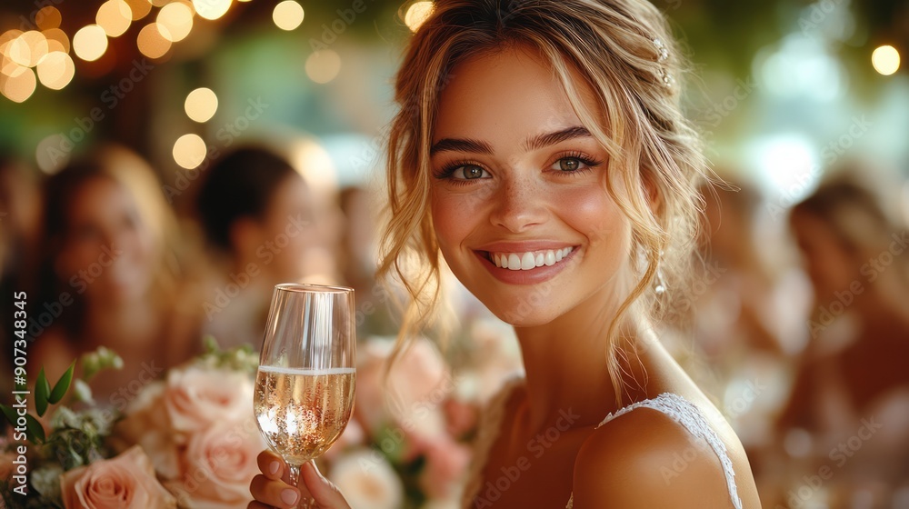 Joyful wedding guests, elegantly dressed and smiling, holding their glasses high in a toast to the happy couple, under twinkling lights and floral arrangements. Joyful wedding guests, elegantly dressed and smiling, holding their glasses high in a toast to the happy couple, under twinkling lights and floral arrangements.