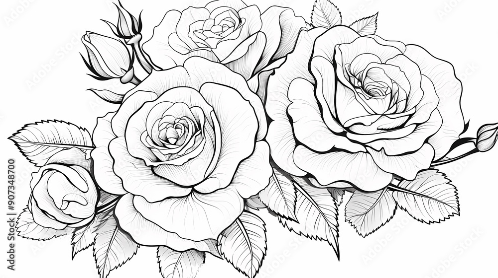 custom made wallpaper toronto digitalA detailed black and white sketch of three roses with surrounding leaves, ideal for various design uses.
