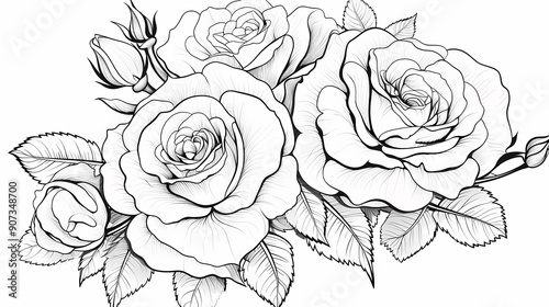 Wallpaper Mural A detailed black and white sketch of three roses with surrounding leaves, ideal for various design uses. Torontodigital.ca