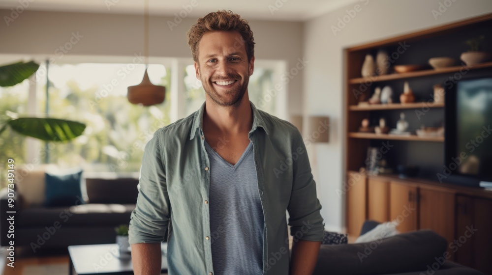 Cheerful Caucasian man with a beaming smile stands in a stylish living room, Cheerful Caucasian man with a beaming smile stands in a stylish living room,