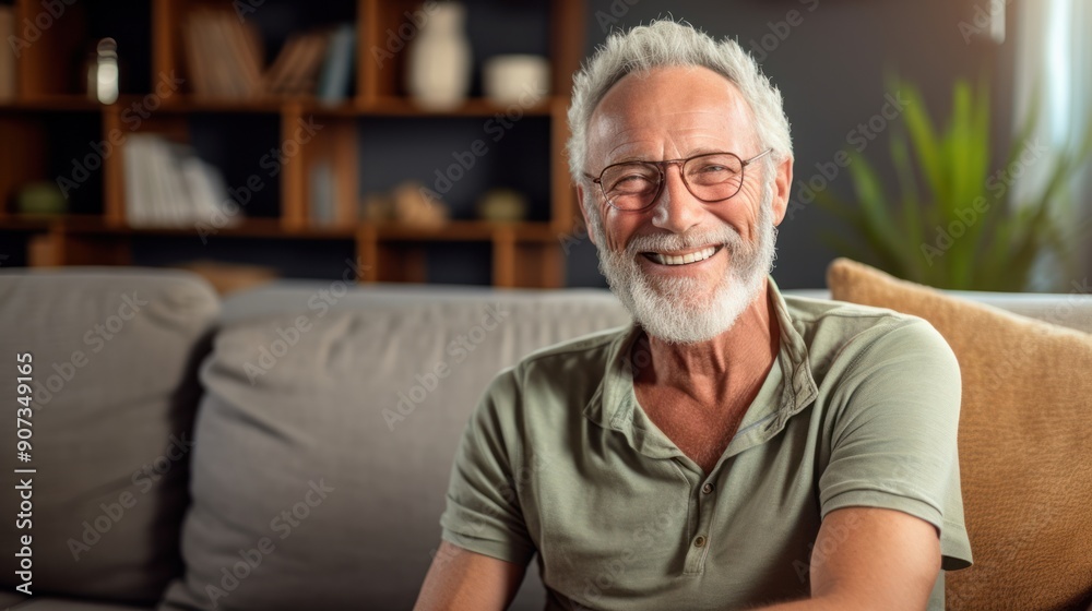 Cheerful older man on a couch, gazing at the webcam Cheerful older man on a couch, gazing at the webcam