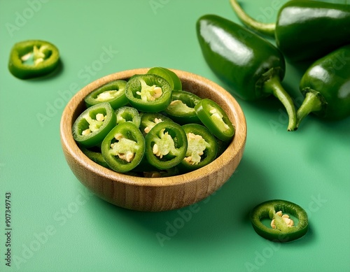 Green jalapeno pepper slices in bowl on green background photo