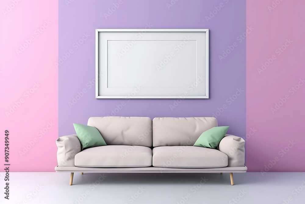 Sleek Minimalist Space Featuring Sofa, White Frame on Lavender Blush Backdrop Sleek Minimalist Space Featuring Sofa, White Frame on Lavender Blush Backdrop