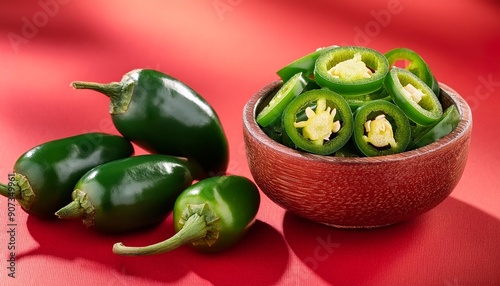 Green jalapeno pepper slices in bowl on red background