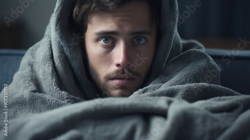  a young man sitting on the couch, wrapped in a gray blanket, 