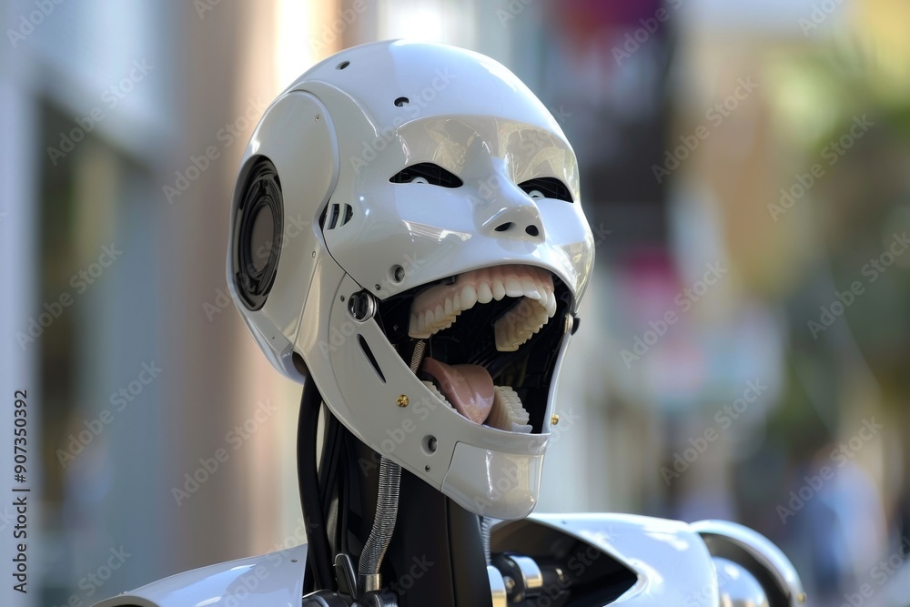 A robot with its mouth open, revealing sharp teeth, A robot mimicking a human's laughter, AI generated A robot with its mouth open, revealing sharp teeth, A robot mimicking a human's laughter, AI generated