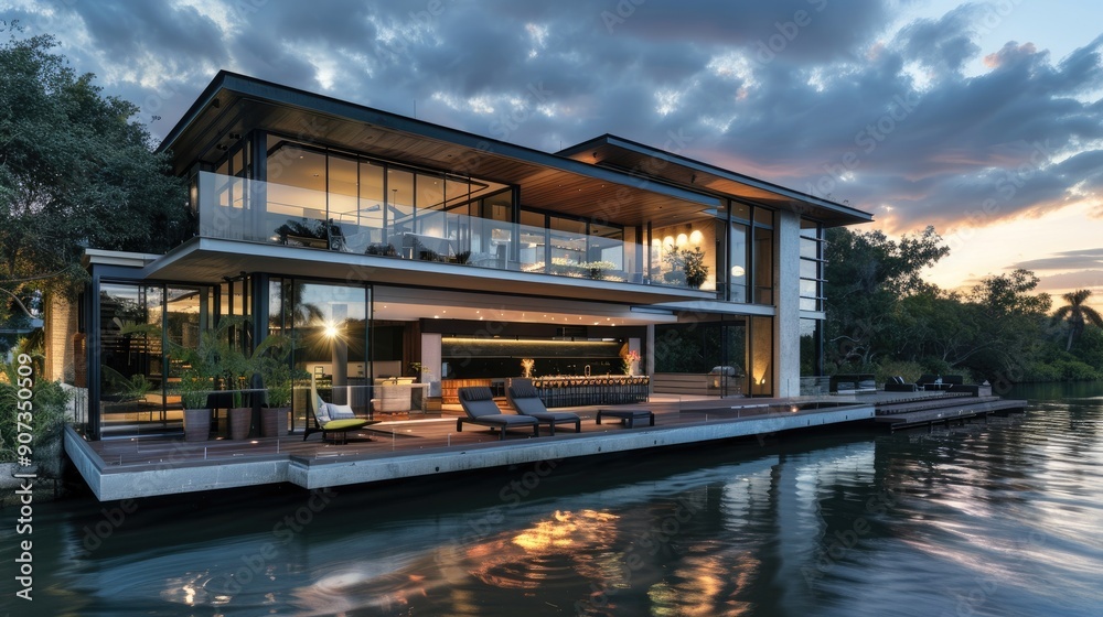 A contemporary riverside home with a cantilevered design, large glass walls, and a deck that extends over the water with a built-in seating area. A contemporary riverside home with a cantilevered design, large glass walls, and a deck that extends over the water with a built-in seating area.