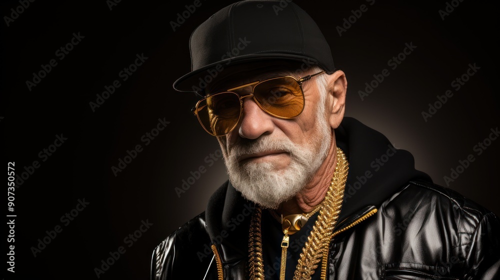 senior man in a chic gold jacket and cap, senior man in a chic gold jacket and cap,