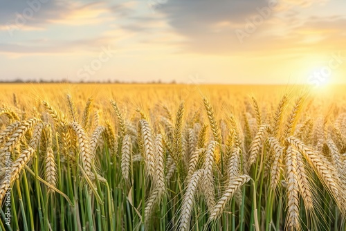 Barley field at golden hour, warm glow, expansive view, Harvest beauty, rural tranquility photo