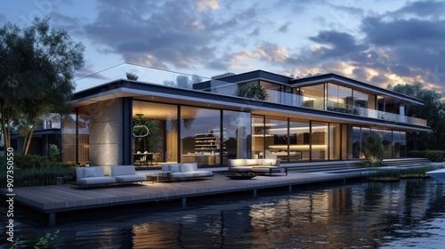 A contemporary riverside home with a cantilevered design, large glass walls, and a deck that extends over the water with a built-in seating area.