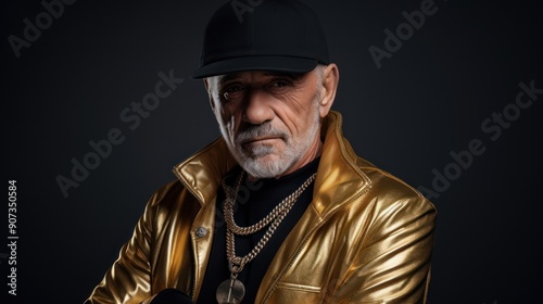  senior man in a chic gold jacket and cap,