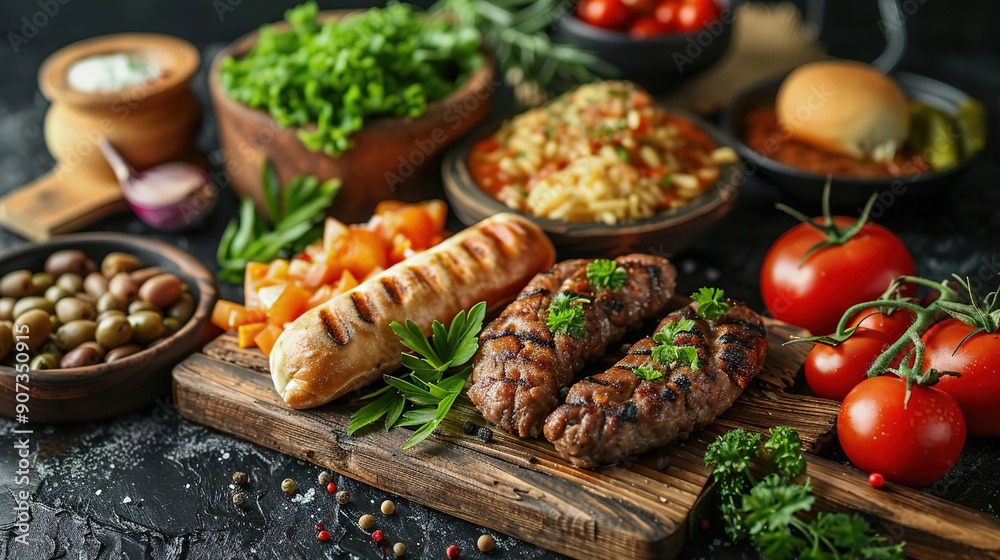 Grilled Kebabs and Sausage on Wooden Board - Food Photography Grilled Kebabs and Sausage on Wooden Board - Food Photography