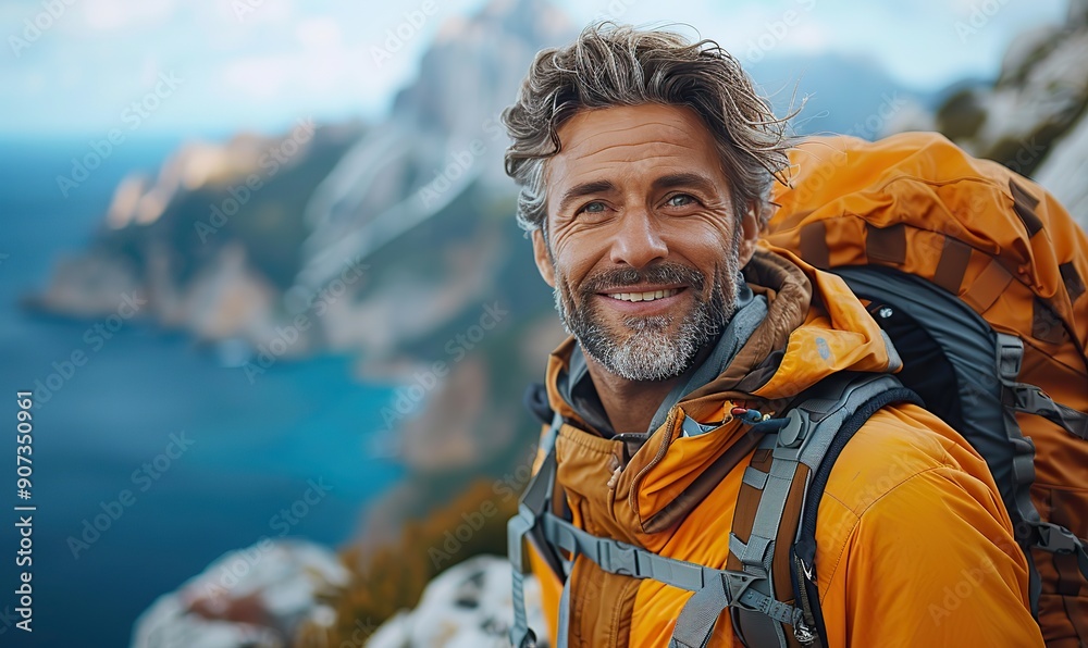 A cheerful hiker is taking a selfie at the mountain peak, smiling and looking at the camera as he enjoys the outdoors. A cheerful hiker is taking a selfie at the mountain peak, smiling and looking at the camera as he enjoys the outdoors.
