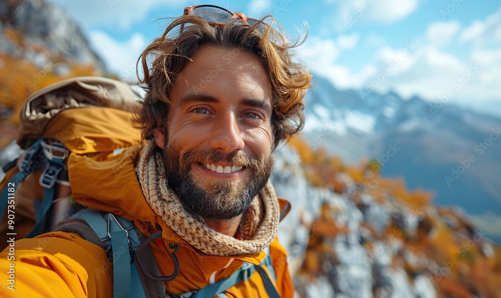 An enthusiastic hiker is taking a selfie at the top of a mountain, having a great time during his weekend trip and sharing it on social media. An enthusiastic hiker is taking a selfie at the top of a mountain, having a great time during his weekend trip and sharing it on social media.