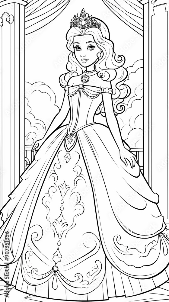 Fototapeta premium An elegant princess in a detailed gown, perfect for coloring books and fairy tale themes.