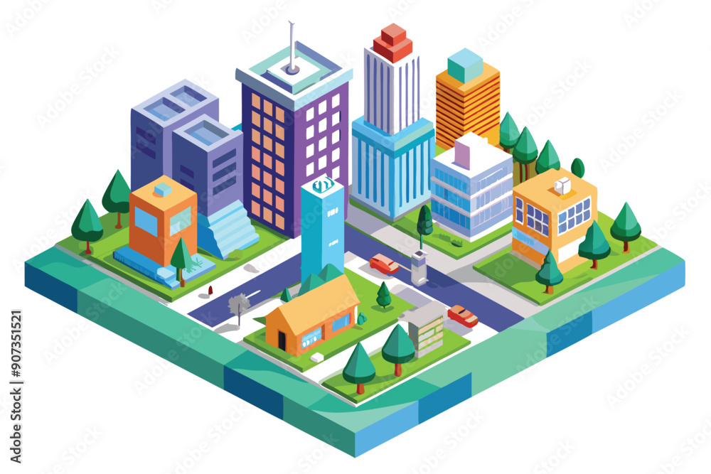 Isometric Illustration of a Cityscape with Buildings and Trees Isometric Illustration of a Cityscape with Buildings and Trees