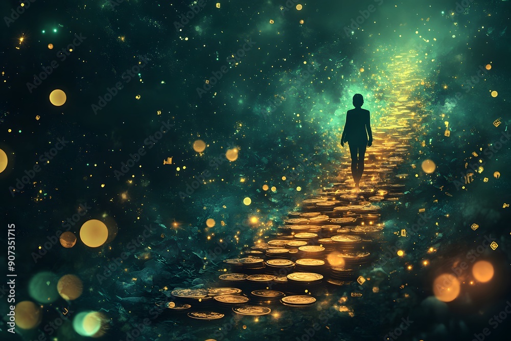 A depiction of a person walking up a staircase made of gold coins and financial symbols, representing the journey to financial independence A depiction of a person walking up a staircase made of gold coins and financial symbols, representing the journey to financial independence